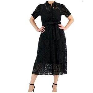 Anne Klein Women's Black Puff-sleeve Tie-Waist Lace Shirtdress Size 12‎